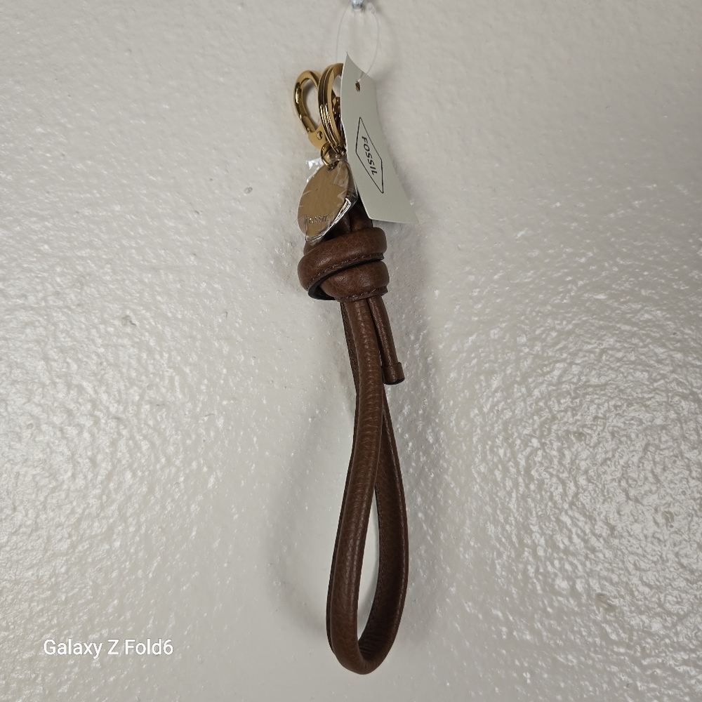 Fossil Brown Leather Keychain Wristlet with Gold Hardware
